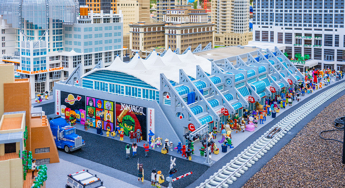 The San Diego Convention Center replicated in Lego as part of Miniland San Diego in Legoland California